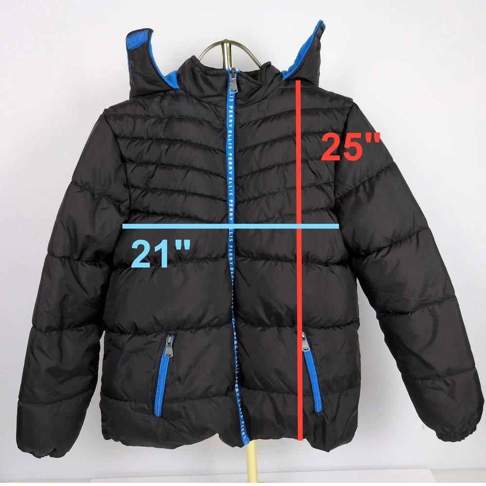 Perry Ellis Boy 14/16 Puffer Jacket Black Blue Fleece Lined Hooded Winter Coat